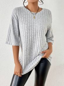 SHEIN LUNE Thả vai Đồ đan Ribbed Áo thun - Màu Xám nhạt - Xem 3