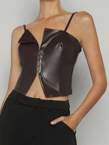 Maija Solid PU Leather Cami Top - Coffee Brown - View 4