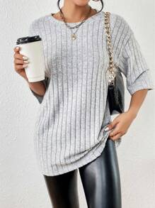SHEIN LUNE Thả vai Đồ đan Ribbed Áo thun - Màu Xám nhạt - Xem 5