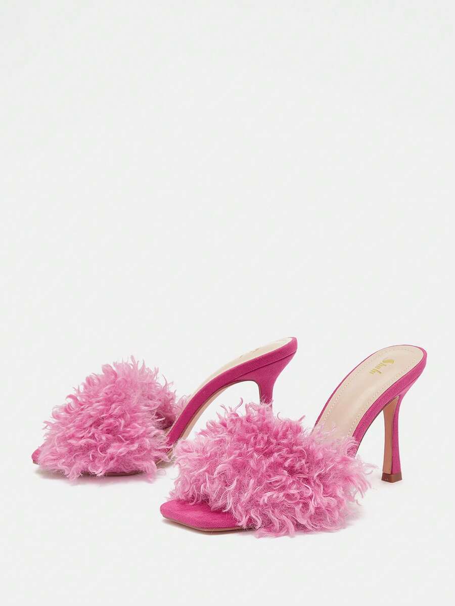 CUCCOO CHICEST 女性毛絨裝飾細跟穆勒涼鞋,魅力四射夏天涼鞋 - 玫紅色 - 查看 1
