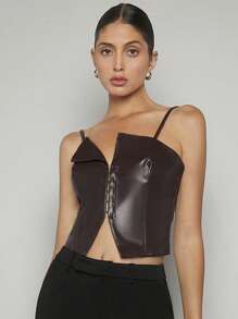 Maija Solid PU Leather Cami Top - Coffee Brown - View 5