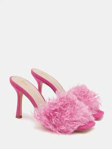 CUCCOO CHICEST 女性毛絨裝飾細跟穆勒涼鞋,魅力四射夏天涼鞋 - 玫紅色 - 查看 3