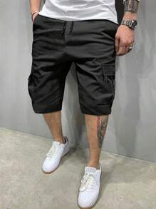 Manfinity Homme Loose Fit Men's Cargo Shorts With Flap Pocket And Drawstring Waist, Men Cargo Shorts, Men's Shorts, Black Cargo Shorts - Black - View 3