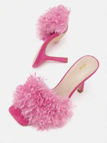 CUCCOO CHICEST 女性毛絨裝飾細跟穆勒涼鞋,魅力四射夏天涼鞋 - 玫紅色 - 查看 6