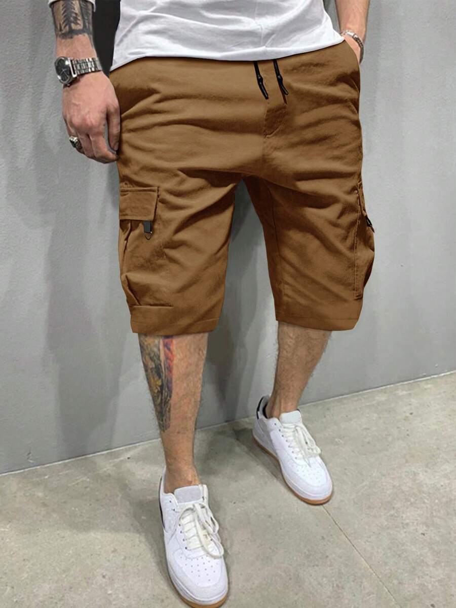 Manfinity Homme Loose Fit Men's Cargo Shorts With Flap Pockets And Drawstring Waist - Brown - View 1