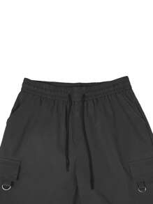 Manfinity Homme Loose Fit Men's Cargo Shorts With Flap Pocket And Drawstring Waist, Men Cargo Shorts, Men's Shorts, Black Cargo Shorts - Black - View 4