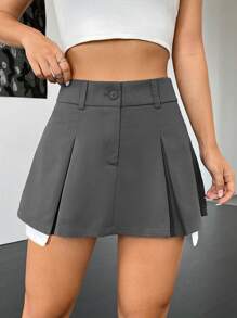 SHEIN EZwear Fold Pleated Skirt - Grey - View 1