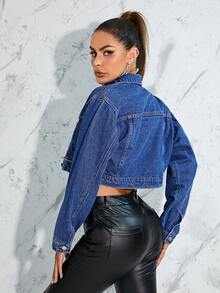 SHEIN Essnce Flap Pocket Crop Denim Jacket - Dark Wash - View 2