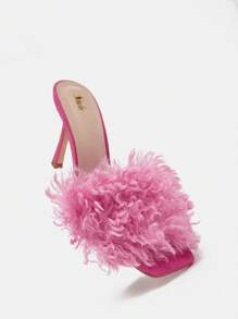 CUCCOO CHICEST 女性毛絨裝飾細跟穆勒涼鞋,魅力四射夏天涼鞋 - 玫紅色 - 查看 8