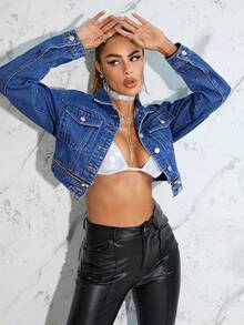 SHEIN Essnce Flap Pocket Crop Denim Jacket - Dark Wash - View 3