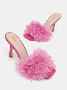 CUCCOO CHICEST 女性毛絨裝飾細跟穆勒涼鞋,魅力四射夏天涼鞋 - 玫紅色 - 查看 9