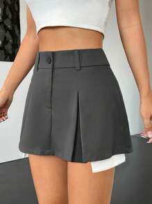 SHEIN EZwear Fold Pleated Skirt - Grey - View 4