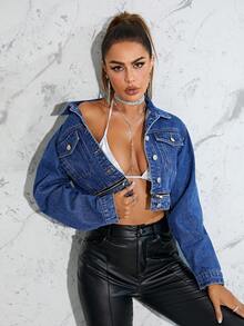 SHEIN Essnce Flap Pocket Crop Denim Jacket - Dark Wash - View 6