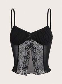 SHEIN ICON Contrast Lace Ruched Bust Cami  Black  Top - Black - View 1