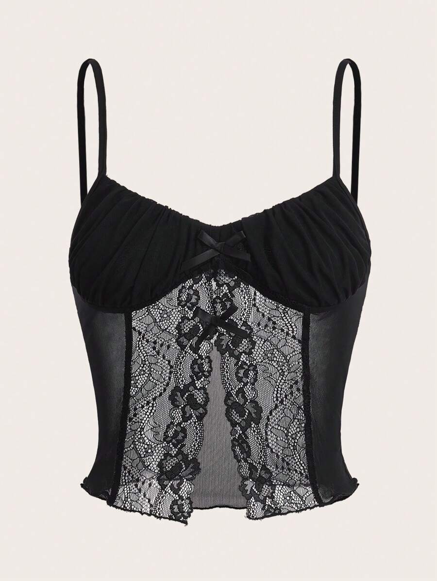 SHEIN ICON Contrast Lace Ruched Bust Cami  Black  Top - Black - View 1