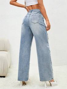 SHEIN EZwear Star Pattern Straight Leg Jeans - Light Wash - View 2