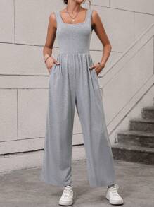 SHEIN LUNE Solid Slant Pocket Wide Leg Tank Jumpsuit - Grey - View 3