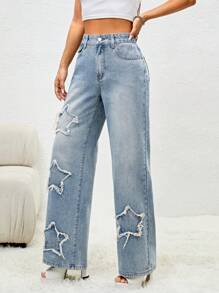 SHEIN EZwear Star Pattern Straight Leg Jeans - Light Wash - View 5