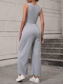 SHEIN LUNE Solid Slant Pocket Wide Leg Tank Jumpsuit - Grey - View 2