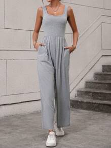 SHEIN LUNE Solid Slant Pocket Wide Leg Tank Jumpsuit - Grey - View 4