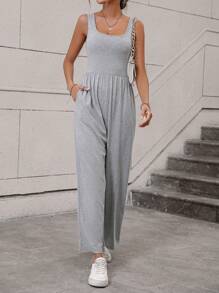 SHEIN LUNE Solid Slant Pocket Wide Leg Tank Jumpsuit - Grey - View 6