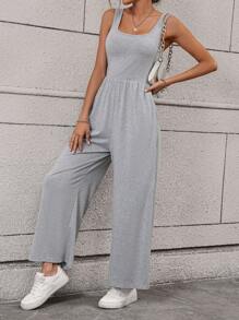 SHEIN LUNE Solid Slant Pocket Wide Leg Tank Jumpsuit - Grey - View 7