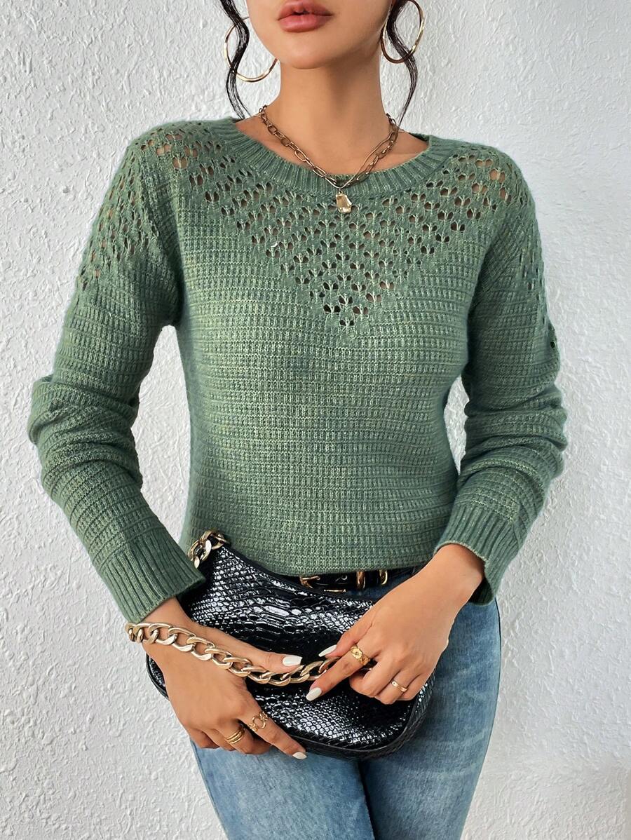 Chiquease Solid Pointelle Knit Jumper - Green - View 1