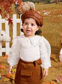 SHEIN Baby Girl Frill Trim Peter Pan Collar Lantern Sleeve Top - White - View 3