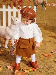 SHEIN Baby Girl Frill Trim Peter Pan Collar Lantern Sleeve Top - White - View 5