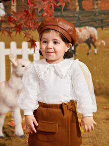 SHEIN Baby Girl Frill Trim Peter Pan Collar Lantern Sleeve Top - White - View 6