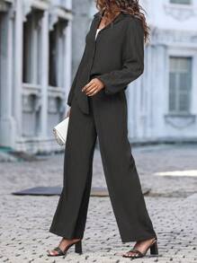 SHEIN Essnce Solid Button Front Shirt & Wide Leg Trousers - Black - View 5