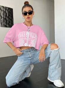 SHEIN EZwear 字母圖案落肩袖短款T恤 - 淺粉色 - 查看 1