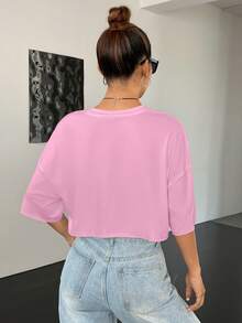 SHEIN EZwear 字母圖案落肩袖短款T恤 - 淺粉色 - 查看 2