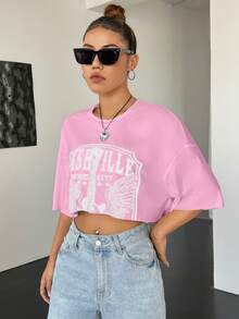 SHEIN EZwear 字母圖案落肩袖短款T恤 - 淺粉色 - 查看 3