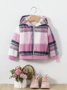 SHEIN 女嬰格紋印花拉鏈開襟連帽毛絨內襯外套 - 彩色 - 查看 1