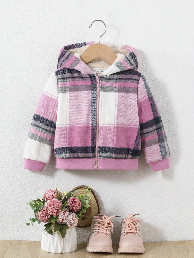 Baby Girl Plaid Print Zip Up Hooded Teddy Lined Coat