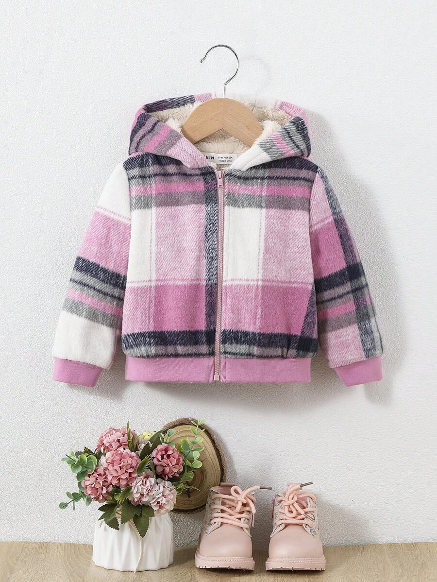 SHEIN 女嬰格紋印花拉鏈開襟連帽毛絨內襯外套 - 彩色 - 查看 1