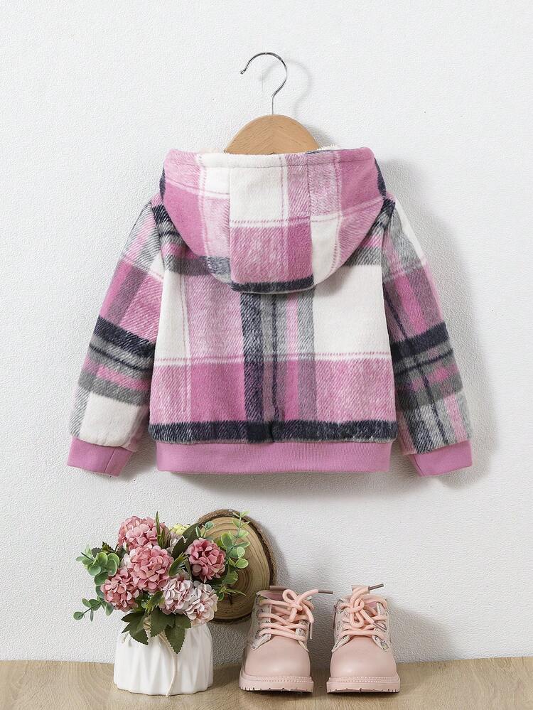 Baby Girl Plaid Print Zip Up Hooded Teddy Lined Coat