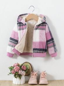 SHEIN 女嬰格紋印花拉鏈開襟連帽毛絨內襯外套 - 彩色 - 查看 4