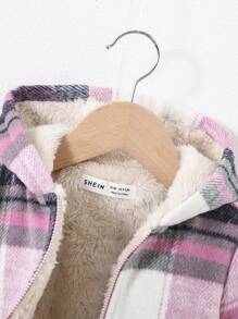 SHEIN 女嬰格紋印花拉鏈開襟連帽毛絨內襯外套 - 彩色 - 查看 6