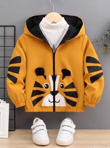 SHEIN 年轻男孩休闲街头风格宽松连帽夹克，带有可爱卡通老虎印花、3D耳朵和口袋，秋冬 - 黃色 - 查看 1