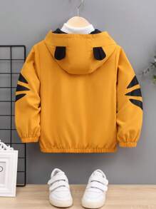 SHEIN 年轻男孩休闲街头风格宽松连帽夹克，带有可爱卡通老虎印花、3D耳朵和口袋，秋冬 - 黃色 - 查看 2
