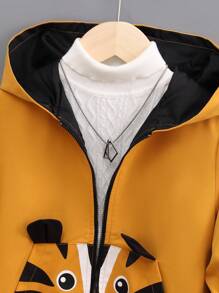 SHEIN 年轻男孩休闲街头风格宽松连帽夹克，带有可爱卡通老虎印花、3D耳朵和口袋，秋冬 - 黃色 - 查看 5