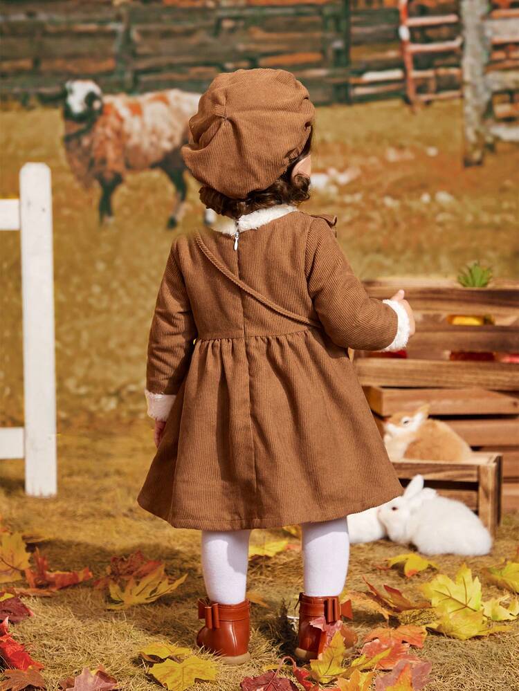 Baby Girl Contrast Fuzzy Trim Ruffle Detail Dress & Bag