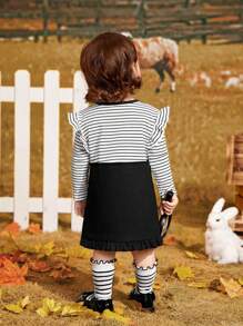 SHEIN Baby Girl Striped Print Ruffle Trim 2 In 1 Dress - Black and White - View 2