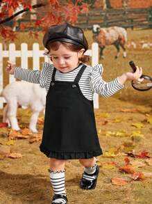 SHEIN Baby Girl Striped Print Ruffle Trim 2 In 1 Dress - Black and White - View 3