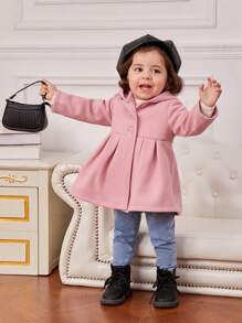 SHEIN Baby Girl Cute Mid-length Wool Hooded Coat, Medium Thickness - Pink - View 1