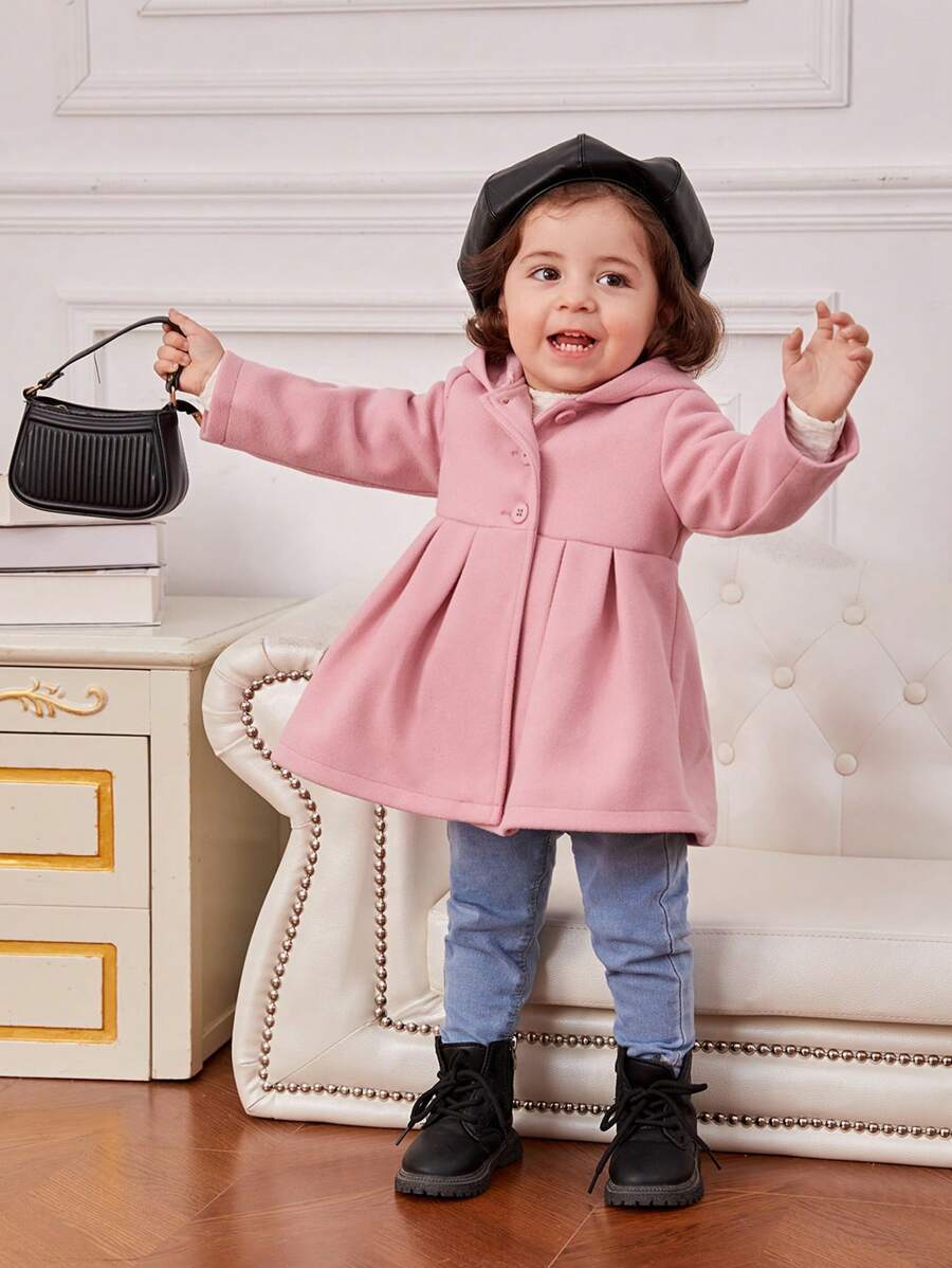 SHEIN Baby Girl Cute Mid-length Wool Hooded Coat, Medium Thickness - Pink - View 1