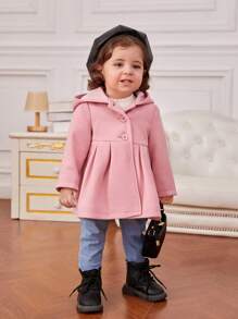 SHEIN Baby Girl Cute Mid-length Wool Hooded Coat, Medium Thickness - Pink - View 3