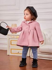SHEIN Baby Girl Cute Mid-length Wool Hooded Coat, Medium Thickness - Pink - View 5